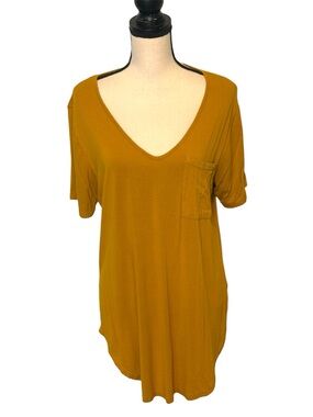 Allegrace Mustard Yellow Tunic Top V Neck Pocket Shirt Size Large